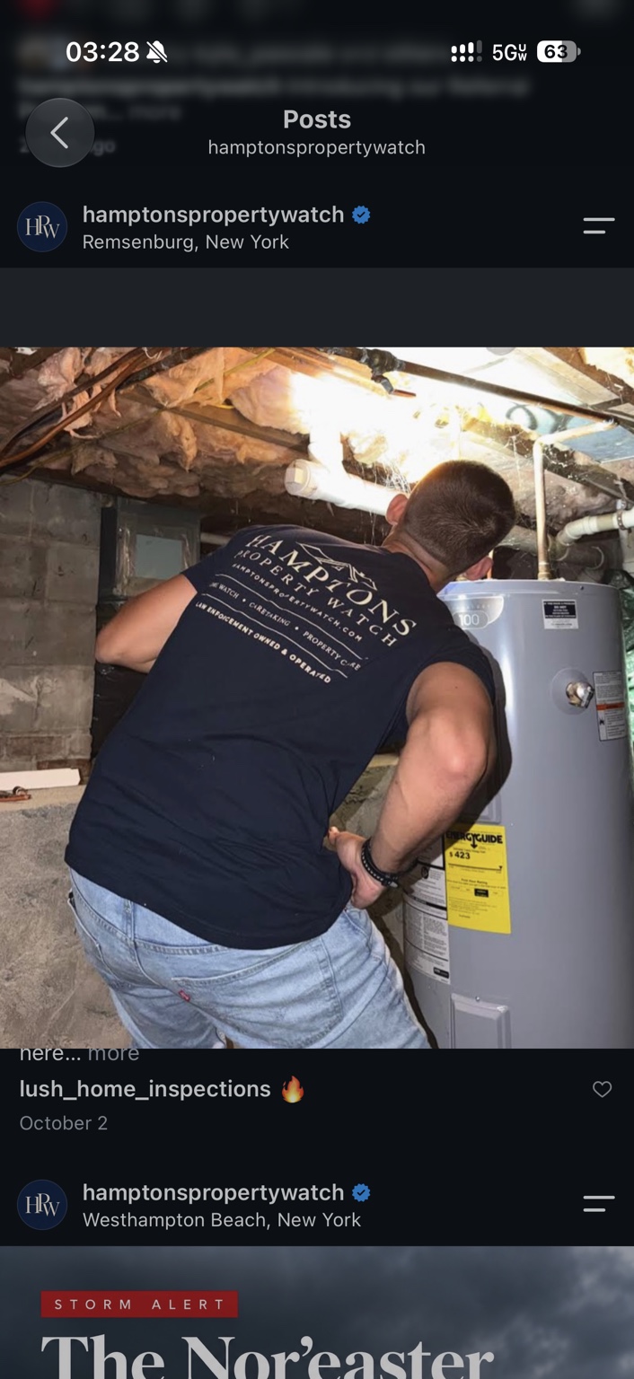 Hamptons Property Watch team member visually checking exposed plumbing beside a water heater